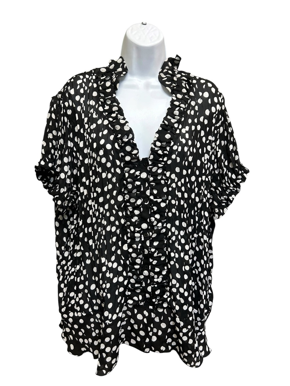 Sunny Leigh Crinkle Polka Dot Blouse Black White Sheer Ruffle Top Plus Size 2X